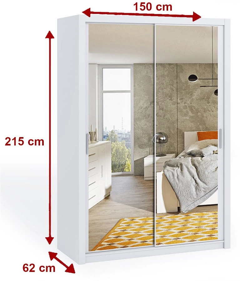 Rico sliding wardrobe with mirror, 150 cm, white, functional classic-style furniture, perfect for a bedroom or dressing room - Image 2