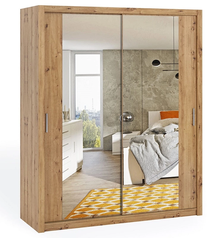 Rico sliding wardrobe with mirror 180 cm, oak imitation, functional classic style furniture, wardrobe for bedroom or hallway