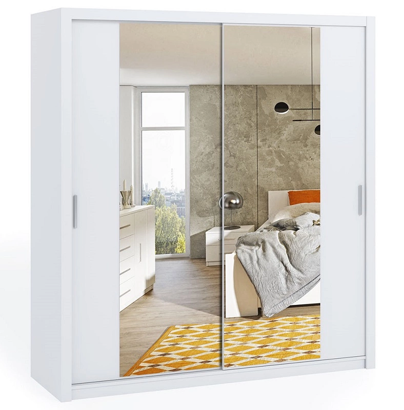 Rico sliding wardrobe with mirror, 200 cm, white, functional classic style furniture, wardrobe for bedroom or hallway