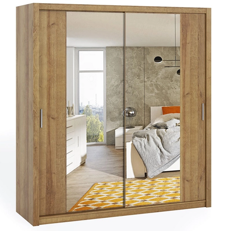 Rico sliding wardrobe with mirror 200 cm, oak imitation, functional classic style furniture, wardrobe for bedroom or hallway