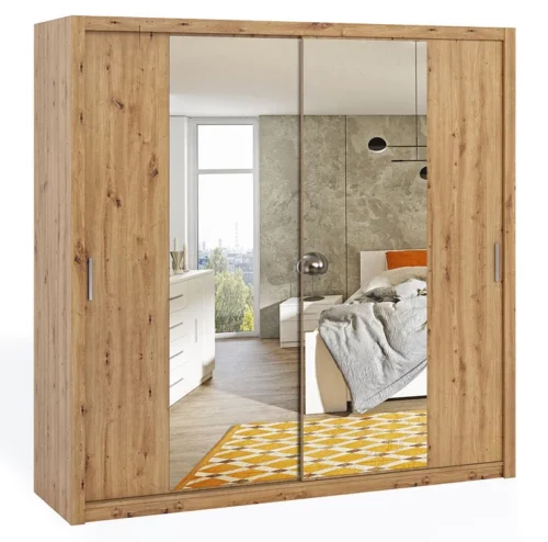 Rico sliding wardrobe with mirror 220 cm, oak imitation, functional classic style furniture, wardrobe for bedroom or hallway