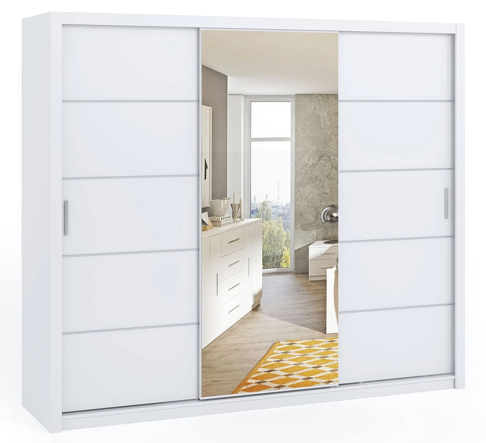 Rico sliding wardrobe with mirror, 250 cm, white, spacious wardrobe for bedroom, dressing room or hallway, classic shape with geometric shapes