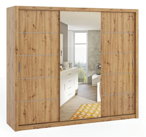 Rico sliding wardrobe with mirror 250 cm, artificial oak color, spacious wardrobe for bedroom, dressing room or hallway, classic shape with geometric shapes