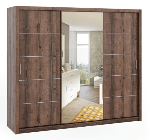 Rico sliding wardrobe with mirror 250 cm, monastery oak, spacious wardrobe for bedroom, dressing room or hallway, classic shape with geometric shapes