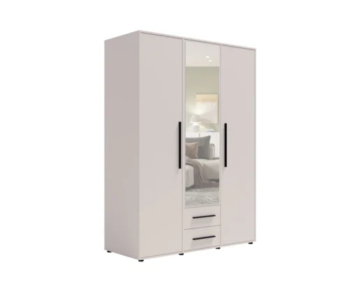 “Maxione” 150 cm mirrored wardrobe, beige, functional wardrobe for bedroom, youth room or hallway, enriched with drawers