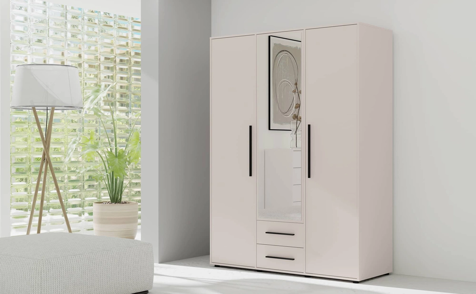 "Maxione" 150 cm mirrored wardrobe, beige, functional wardrobe for bedroom, youth room or hallway, enriched with drawers - Image 5