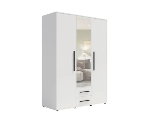 “Maxione” 150 cm mirrored wardrobe, white, functional wardrobe for bedroom, youth room or hallway, enriched with drawers