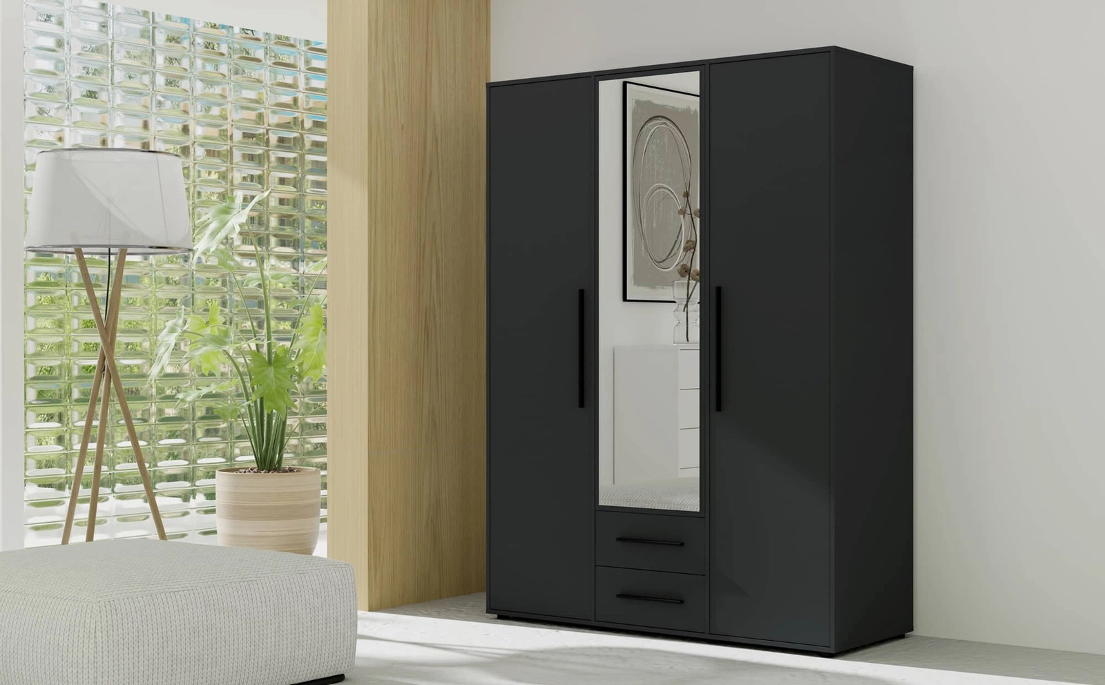 Maxione mirrored wardrobe, 150 cm, black, functional wardrobe for bedroom, youth room or hallway with drawers - Image 5