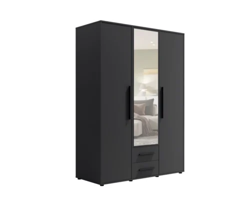 Maxione mirrored wardrobe, 150 cm, black, functional wardrobe for bedroom, youth room or hallway with drawers