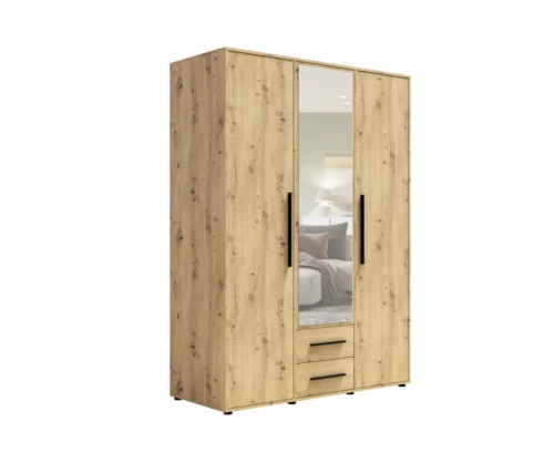 “Maxione” mirrored wardrobe, 150 cm, artistic oak color, functional wardrobe for bedroom, youth room or hallway with drawers