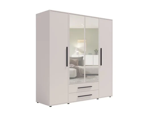 “Maxione” 198 cm mirrored wardrobe, beige, spacious wardrobe for bedroom, youth room or hallway, enriched with drawers