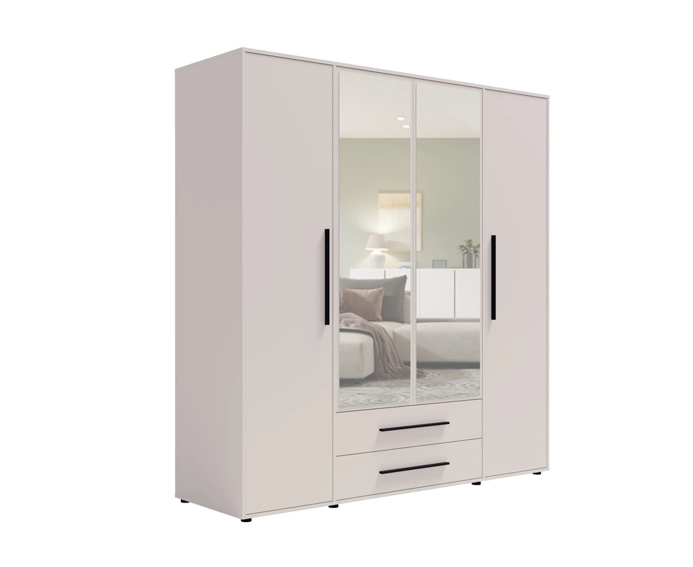 "Maxione" 198 cm mirrored wardrobe, beige, spacious wardrobe for bedroom, youth room or hallway, enriched with drawers