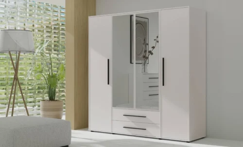 “Maxione” 198 cm mirrored wardrobe, white, spacious wardrobe for bedroom, youth room or hallway, enriched with drawers