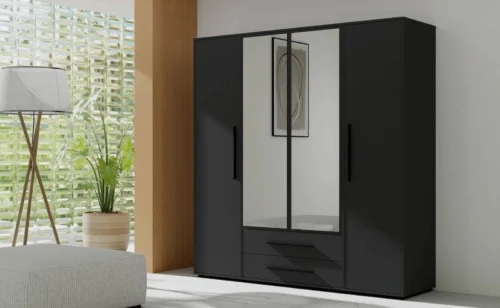 “Maxione” 198 cm mirrored wardrobe, black, spacious wardrobe for bedroom, youth room or hallway, enriched with drawers