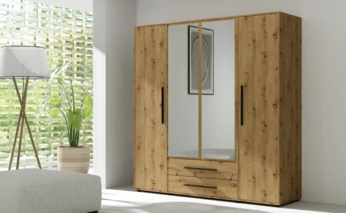 Maxione mirrored wardrobe, 198 cm, artistic oak, spacious wardrobe for bedroom, youth room or hallway with drawers