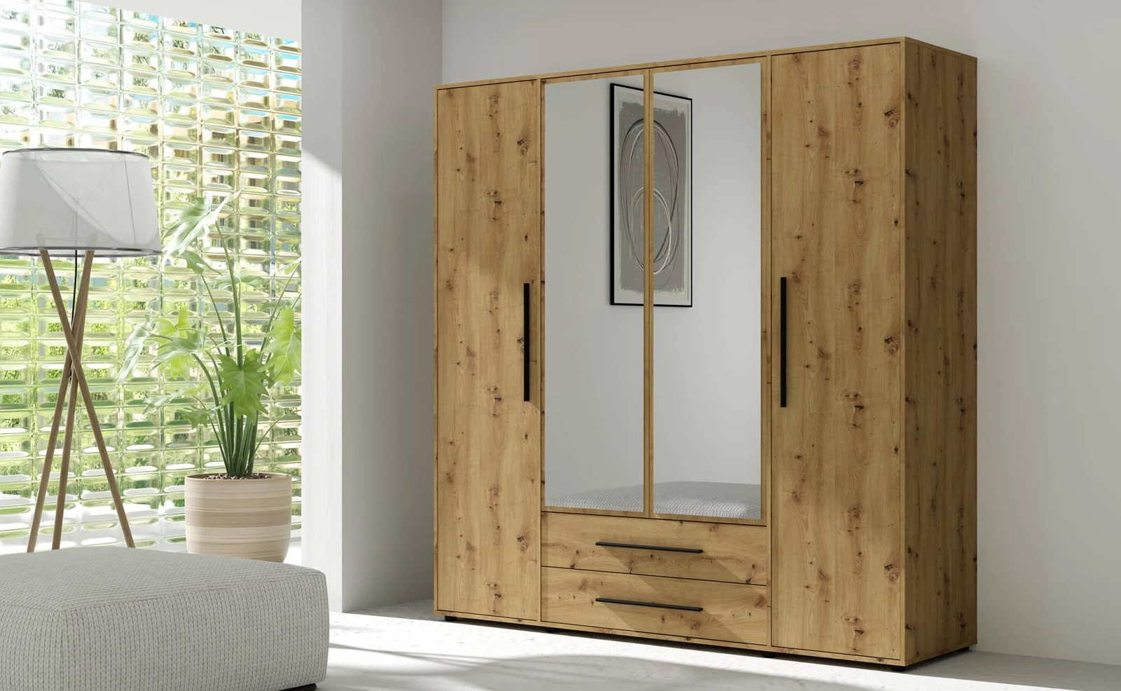 Maxione mirrored wardrobe, 198 cm, artistic oak, spacious wardrobe for bedroom, youth room or hallway with drawers