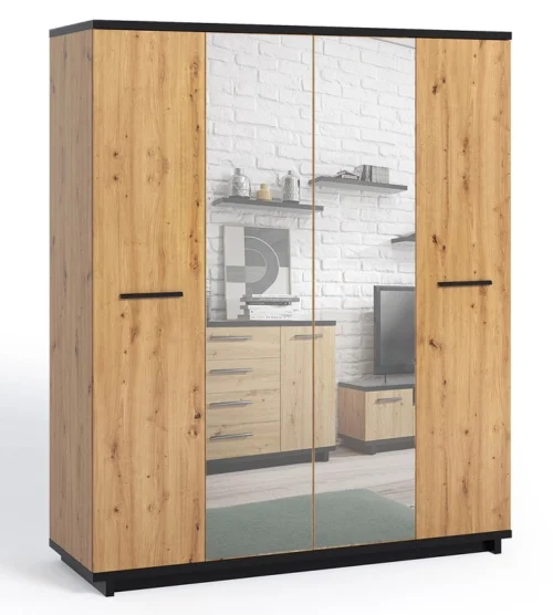 Simi GB mirrored wardrobe, 180 cm, Artisan Oak / black, minimalist design, classic shape, perfect for a bedroom or hallway
