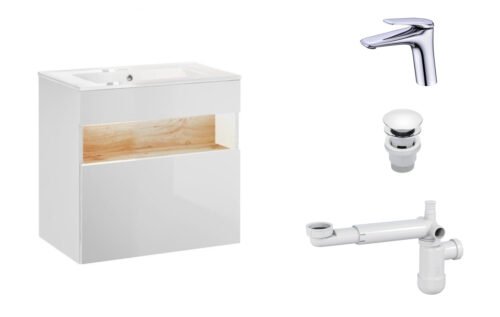 60 cm Bahama white cabinet with washbasin, mixer tap and siphon with stopper