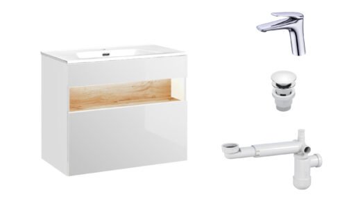 80 cm Bahama white cabinet with washbasin, mixer tap and siphon with stopper