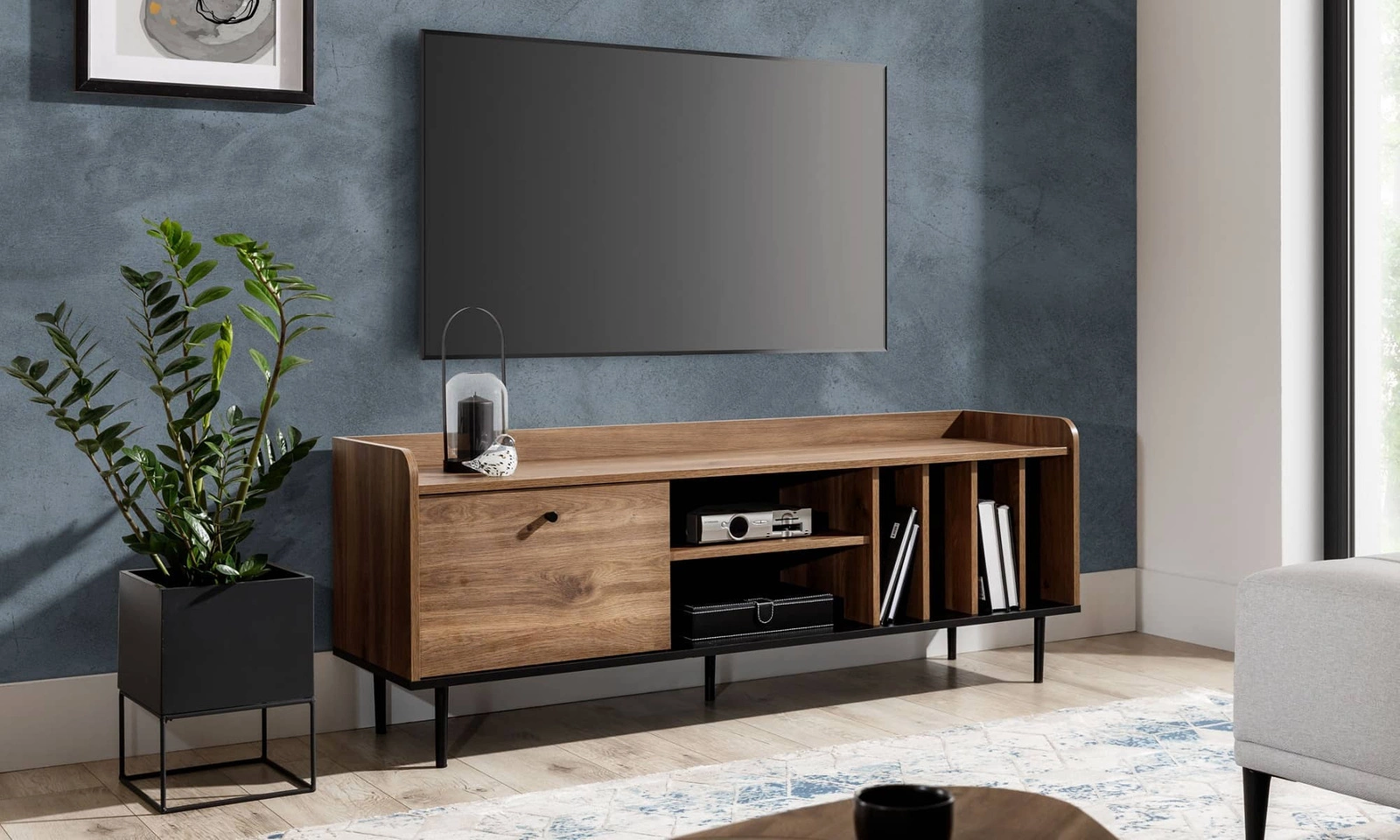 Apallo TV cabinet 150 cm, brandy oak "Castello", original cabinet design, sturdy construction on metal legs, high tabletop edges