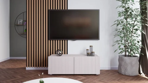 Cooler TV cabinet 100 cm, beige, with hanging option, stylish grooved front, elegant modern style furniture shape