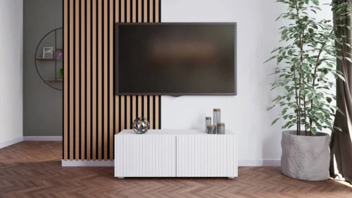 Cold TV cabinet 100 cm, white, with hanging option, stylish grooved front, elegant modern style furniture shape