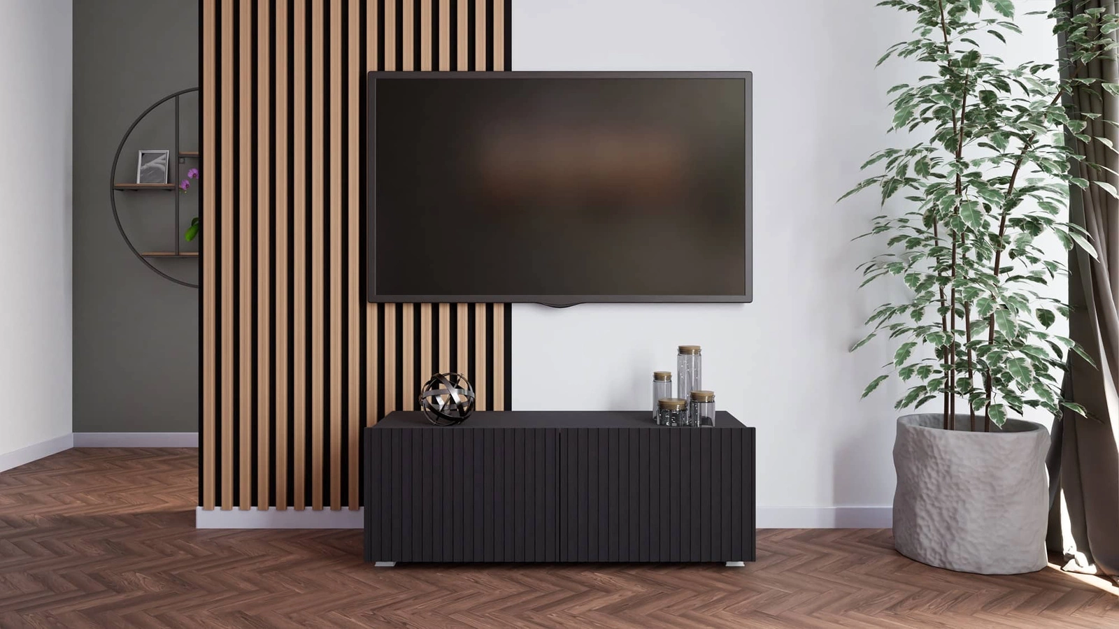 Cold TV cabinet 100 cm, black, with hanging option, stylish grooved front, elegant modern style furniture shape