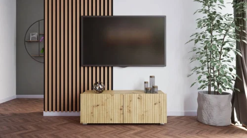 Cold TV cabinet 100 cm, oak color, with hanging option, stylish grooved front, elegant modern style furniture shape