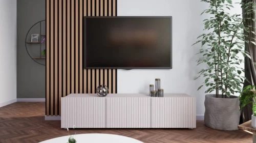 Cooler TV cabinet 150 cm beige with hanging option, stylish grooved front, elegant modern style furniture shape