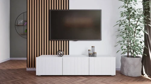 Cold TV cabinet 150 cm, white with hanging option, stylish grooved front, elegant modern style furniture shape