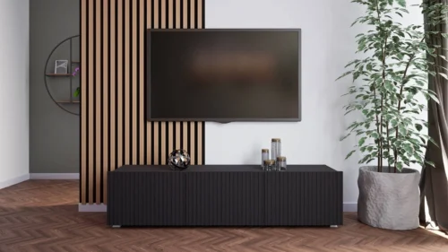 Cold TV cabinet 150 cm, black, with hanging option, stylish grooved front, elegant modern style furniture shape