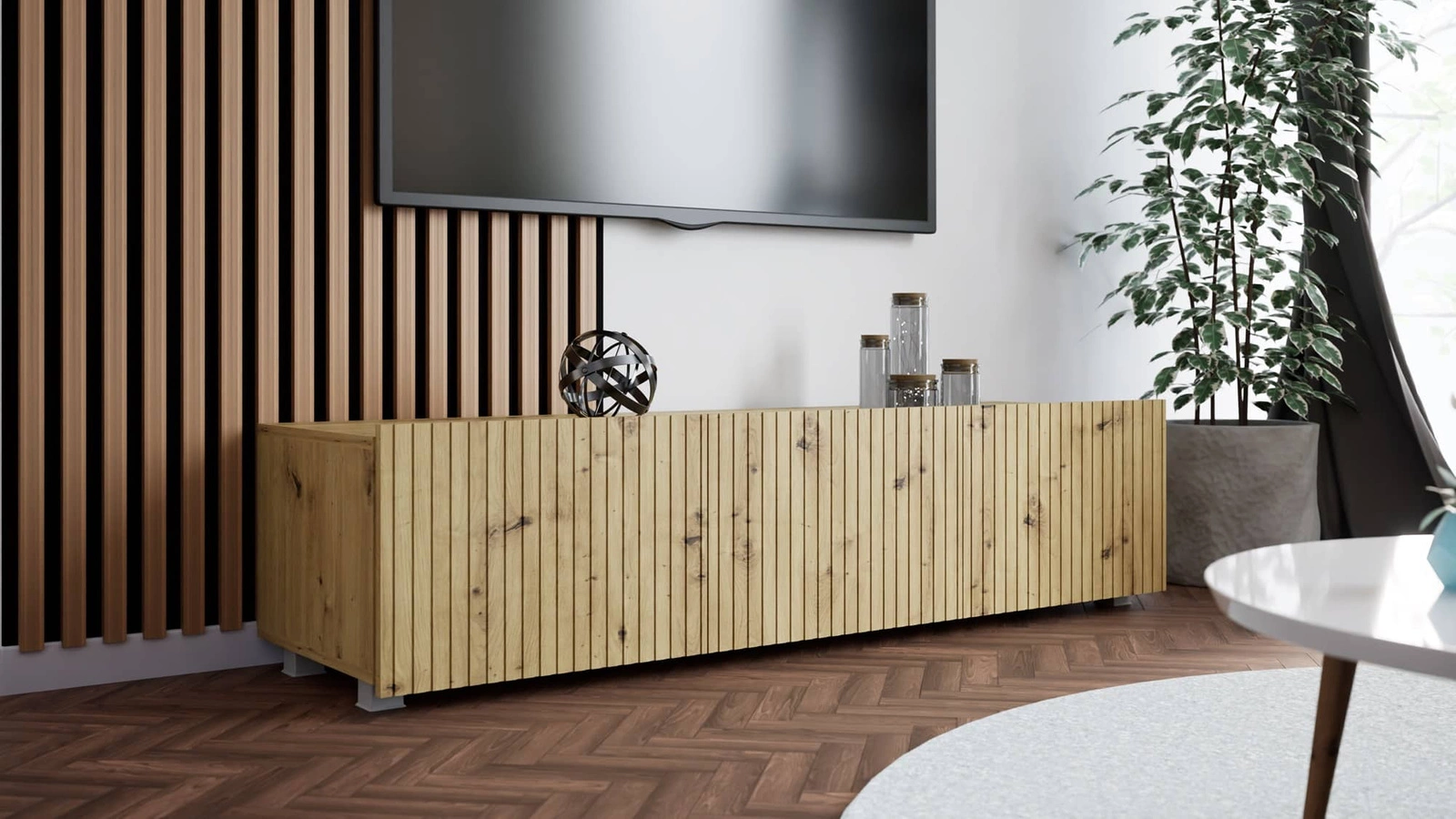 Cold TV cabinet 150 cm, oak color, with hanging option, stylish grooved front, elegant modern style furniture shape - Image 2