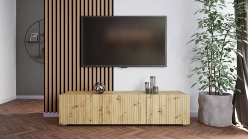 Cold TV cabinet 150 cm, oak color, with hanging option, stylish grooved front, elegant modern style furniture shape