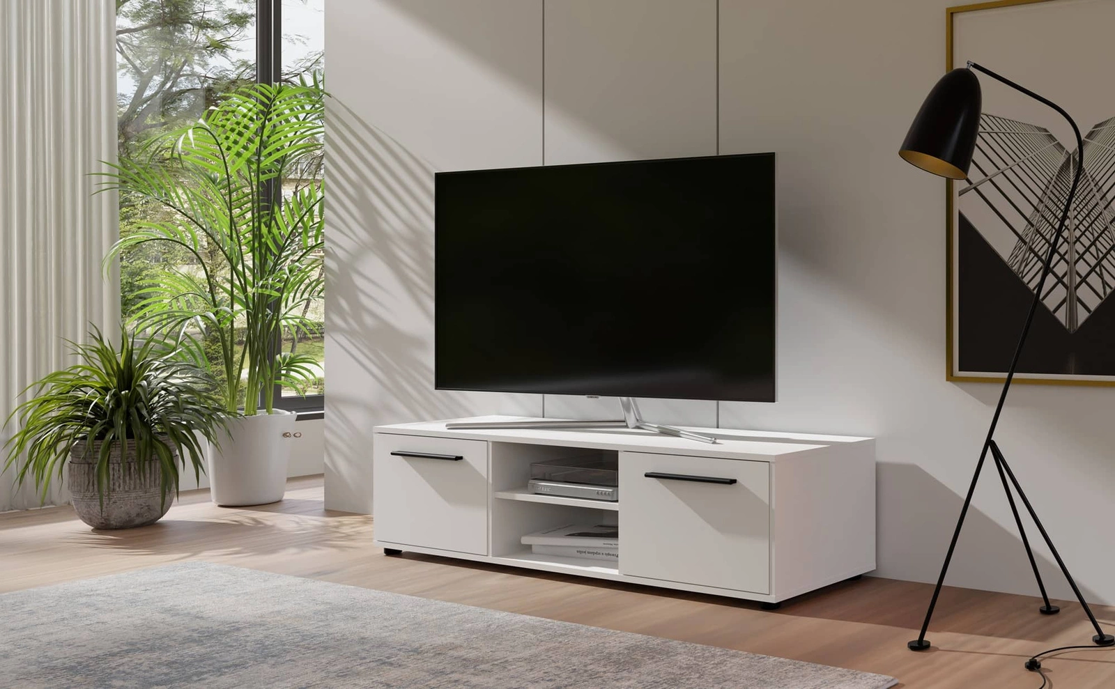 Maxione TV cabinet, 150 cm, white, simple construction, TV cabinet with shelf, minimalist and versatile design - Image 5