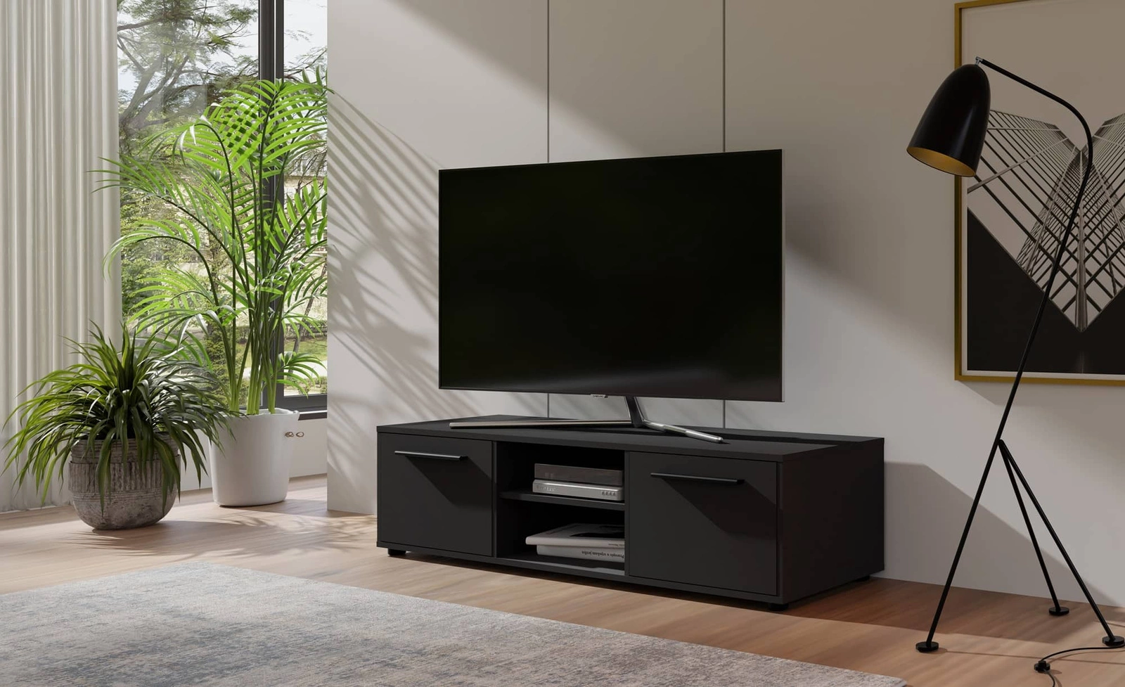 Maxione TV cabinet 150 cm, black, simple construction, minimalist and versatile design, TV cabinet with shelf - Image 5