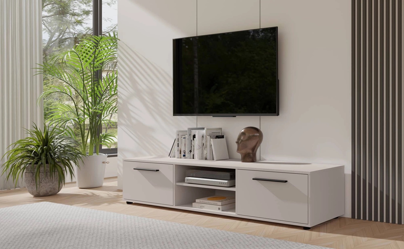 Maxione TV cabinet, 190 cm, beige, spacious TV cabinet in classic style, simple design, universal colors - Image 5