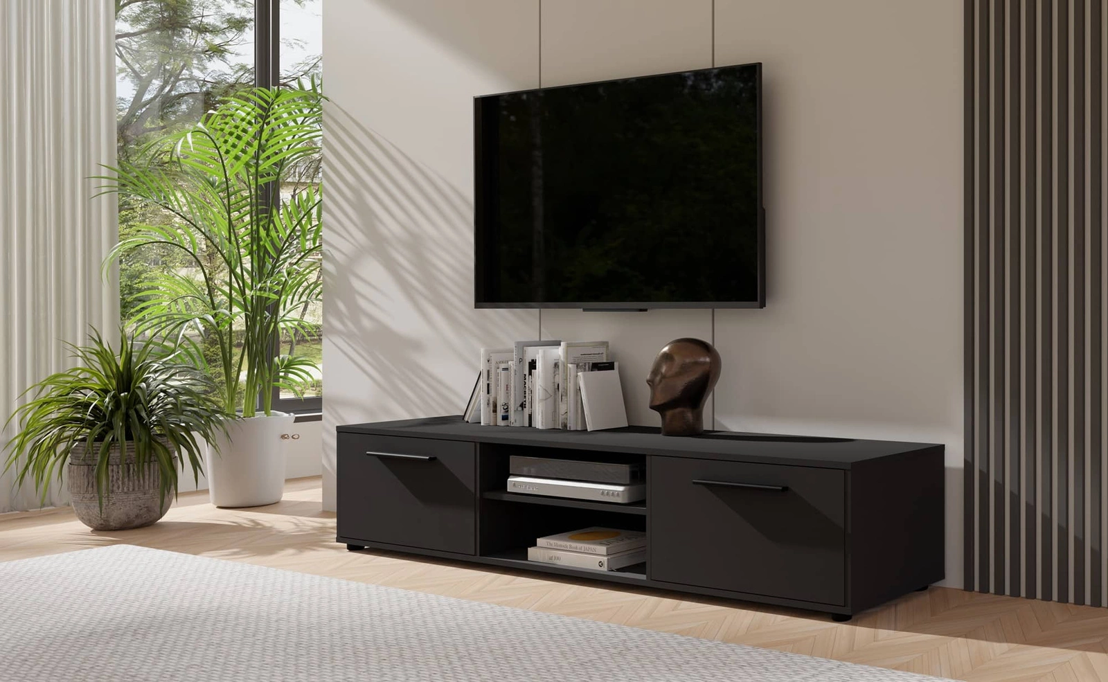 Maxione TV cabinet, 190 cm, black, spacious, classic style, simple design, universal colors - Image 5