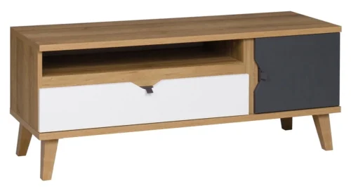 Memone TV cabinet, 120 cm, golden oak / white / graphite, stylish TV cabinet, perfect for a youth room in a Scandinavian style