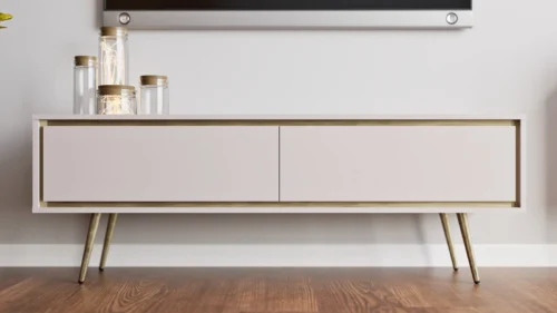 Nevea TV cabinet, 150 cm, beige, elegant cabinet, subtle colors, original decoration for any interior, stable golden legs
