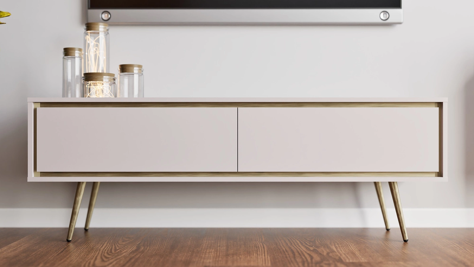 Nevea TV cabinet, 150 cm, beige, elegant cabinet, subtle colors, original decoration for any interior, stable golden legs
