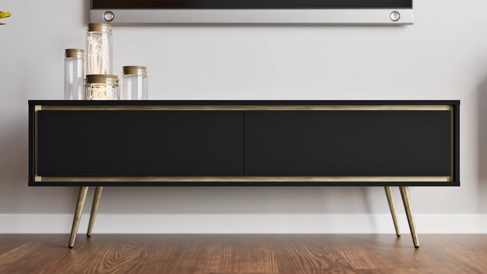 Nevea TV cabinet, 150 cm, beige, elegant cabinet, bright colors, original decoration for any interior, stable golden legs