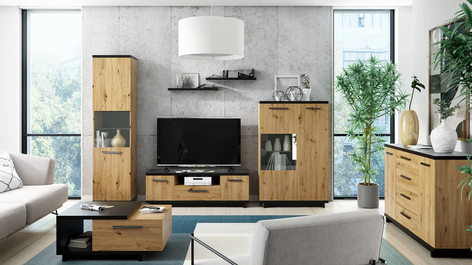 Simi GB TV cabinet, 135 cm, artistic oak / black color, minimalist design, perfect for a living room or lounge, classic shape - Image 2