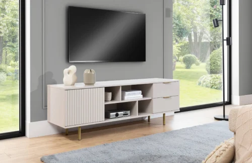 Sula TV cabinet, 150 cm, beige, elegant design, decorative grooved front with push-opening system, high metal legs