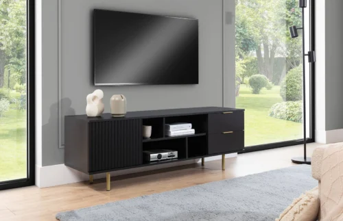 Sula TV cabinet, 150 cm, black, elegant design, decorative grooved front with push-opening system, high metal legs