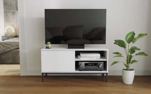 Tutti TV cabinet, 100 cm, white, simple shape, mounted on a black metal base, elegant style