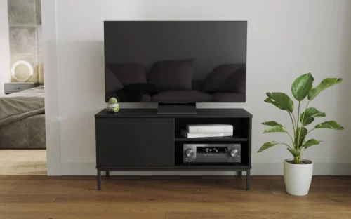 Tutti TV cabinet 100 cm black, simple shape, mounted on a black metal base, elegant style