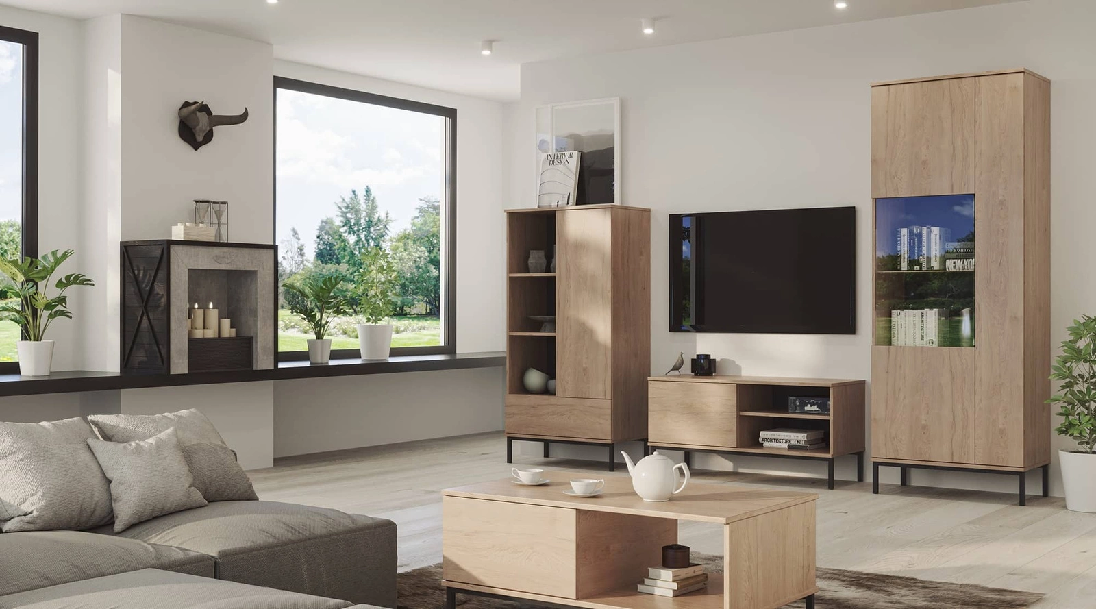 Tutti TV cabinet, 100 cm, hickory oak color, simple cabinet shape, mounted on a black metal base, elegant style - Image 5