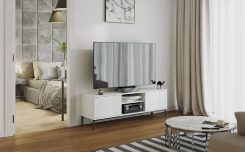 Tutti TV cabinet, 150 cm, white, elegant design, sturdy metal base, click-to-open doors