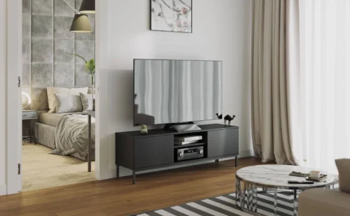 Tutti TV cabinet, 150 cm, black, elegant design, sturdy metal doors, open by pushing
