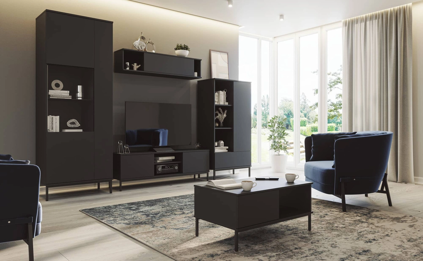 Tutti TV cabinet, 150 cm, black, elegant design, sturdy metal doors, open by pushing - Image 5